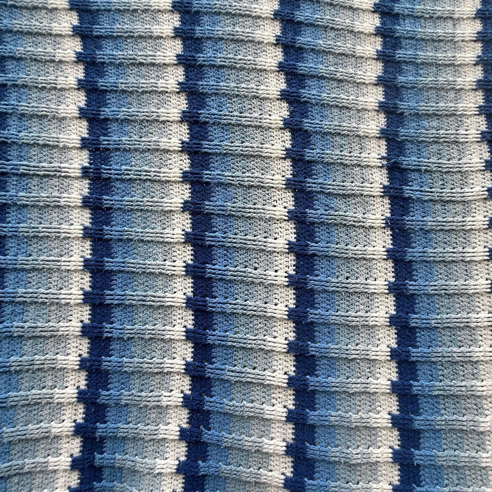 Handmade Crochet Afghan 90x53 Blue White Textured Striped Large Blanket Throw